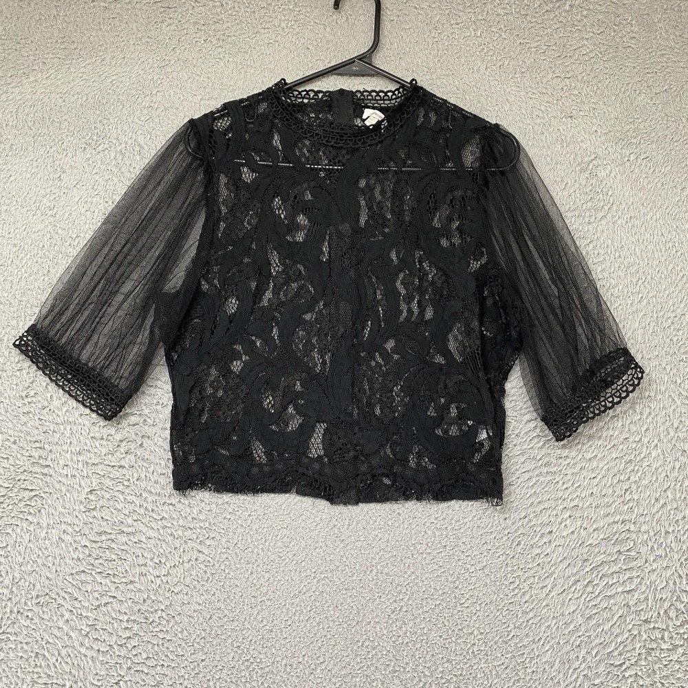 Peach Lace Crop Top Womens Medium Black Sheer Fairy Grunge Y2K Whimsigoth